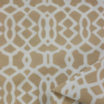 Load image into Gallery viewer, White Geometric on Beige Nylon Spandex Tricot | Designer Deadstock
