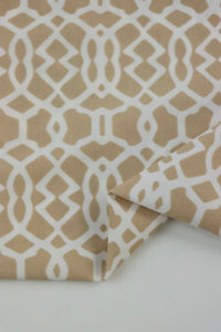 White Geometric on Beige Nylon Spandex Tricot | Designer Deadstock