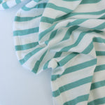 Load image into Gallery viewer, 1/4" Seafoam &amp; 1/2" Ivory Stripe Rayon Spandex Jersey | Made in USA
