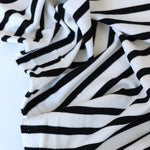 Load image into Gallery viewer, 1/4" Black &amp; 1/2" Ivory Stripe Rayon Spandex Jersey | Made in USA
