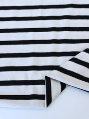Load image into Gallery viewer, 1/4" Black &amp; 1/2" Ivory Stripe Rayon Spandex Jersey | Made in USA