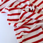 Load image into Gallery viewer, 1/4" Lipstick Red &amp; 1/2" Ivory Stripe Rayon Spandex Jersey | Made in USA
