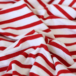 Load image into Gallery viewer, 1/4" Lipstick Red &amp; 1/2" Ivory Stripe Rayon Spandex Jersey | Made in USA
