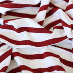 Load image into Gallery viewer, 1/4" Heathered Cherry &amp; 1/2" Ivory Stripe Rayon Spandex Jersey | Made in USA
