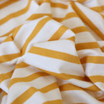Load image into Gallery viewer, 1/4" Dandelion &amp; 1/2" Ivory Stripe Rayon Spandex Jersey | Made in USA
