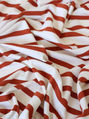 Load image into Gallery viewer, 1/4" Rust &amp; 1/2" Ivory Stripe Rayon Spandex Jersey | Made in USA