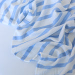 Load image into Gallery viewer, 1/4" Light Periwinkle Blue &amp; 1/2" Ivory Stripe Rayon Spandex Jersey | Made in USA
