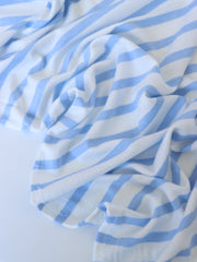 Load image into Gallery viewer, 1/4" Light Periwinkle Blue &amp; 1/2" Ivory Stripe Rayon Spandex Jersey | Made in USA