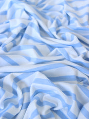 Load image into Gallery viewer, 1/4" Light Periwinkle Blue &amp; 1/2" Ivory Stripe Rayon Spandex Jersey | Made in USA