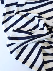 Load image into Gallery viewer, 1/4" Dark Navy &amp; 1/2" Ivory Stripe Rayon Spandex Jersey | Made in USA