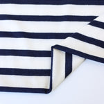 Load image into Gallery viewer, 1/4" Dark Navy &amp; 1/2" Ivory Stripe Rayon Spandex Jersey | Made in USA
