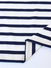 Load image into Gallery viewer, 1/4" Dark Navy &amp; 1/2" Ivory Stripe Rayon Spandex Jersey | Made in USA
