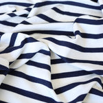 Load image into Gallery viewer, 1/4" Dark Navy &amp; 1/2" Ivory Stripe Rayon Spandex Jersey | Made in USA
