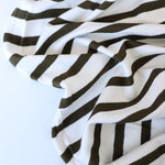 Load image into Gallery viewer, 1/4" Dark Olive &amp; 1/2" Ivory Stripe Rayon Spandex Jersey | Made in USA
