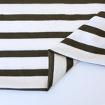 Load image into Gallery viewer, 1/4" Dark Olive &amp; 1/2" Ivory Stripe Rayon Spandex Jersey | Made in USA
