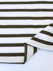 Load image into Gallery viewer, 1/4" Dark Olive &amp; 1/2" Ivory Stripe Rayon Spandex Jersey | Made in USA