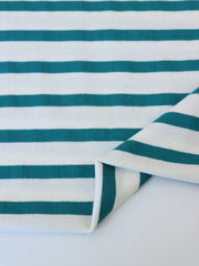 Load image into Gallery viewer, 1/4" Teal &amp; 1/2" Ivory Stripe Rayon Spandex Jersey | Made in USA