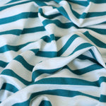 Load image into Gallery viewer, 1/4" Teal &amp; 1/2" Ivory Stripe Rayon Spandex Jersey | Made in USA
