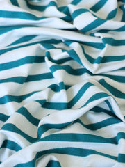 Load image into Gallery viewer, 1/4" Teal &amp; 1/2" Ivory Stripe Rayon Spandex Jersey | Made in USA