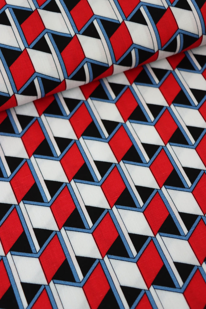 Red/Blue/Black Box Illusions Linen Cotton | Surge Fabric Shop