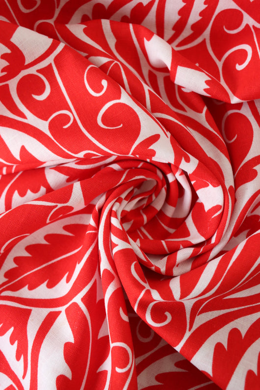 Red Brite Swirling Foliage Linen Cotton