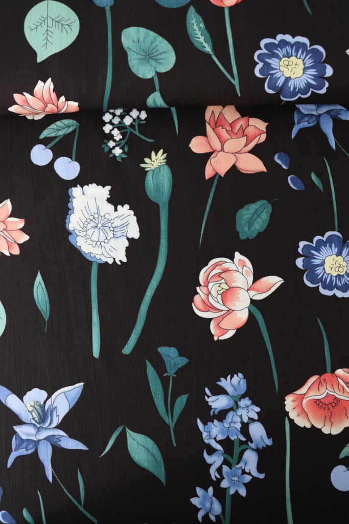 Florist's Choice on Black Linen Cotton | Surge Fabric Shop