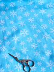 Load image into Gallery viewer, 2YD 30IN Snowflakes on Aqua Cotton Spandex Jersey | Kayla's Destash