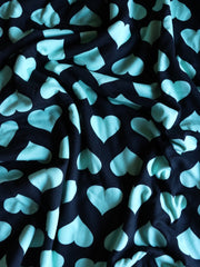 Load image into Gallery viewer, 1YD Mint Hearts on Black Double Brushed Poly Jersey | Kayla's Destash
