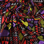 Load image into Gallery viewer, 1YD PRECUT; Summer Camp Geometric (Purple/Red/Yellow) Poly Rayon Jersey
