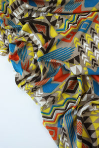 1YD PRECUT; Summer Camp Geometric (Yellow/Orange/Blue) Poly Rayon Jersey