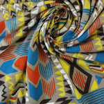 Load image into Gallery viewer, Summer Camp Geometric (Yellow/Orange/Blue) Poly Rayon Jersey
