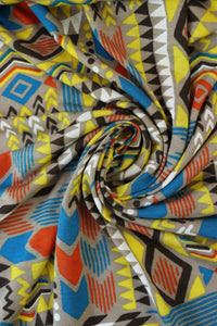 1YD PRECUT; Summer Camp Geometric (Yellow/Orange/Blue) Poly Rayon Jersey