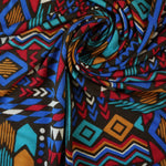 Load image into Gallery viewer, 3YD 34IN REMNANT; Summer Camp Geometric (Royal/Red/Aqua) Poly Rayon Jersey
