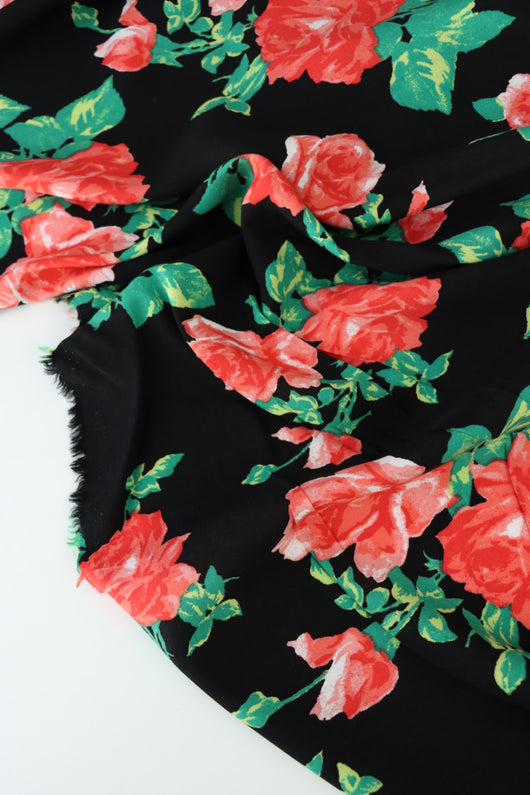 Red Roses on Black Rayon Challis