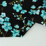 Load image into Gallery viewer, Aqua Plumerias on Black Rayon Challis
