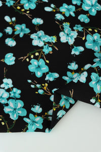 Aqua Plumerias on Black Rayon Challis