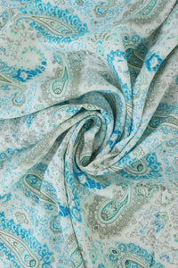 2YD 16IN REMNANT; Aqua Blue Paisley on White Rayon Challis