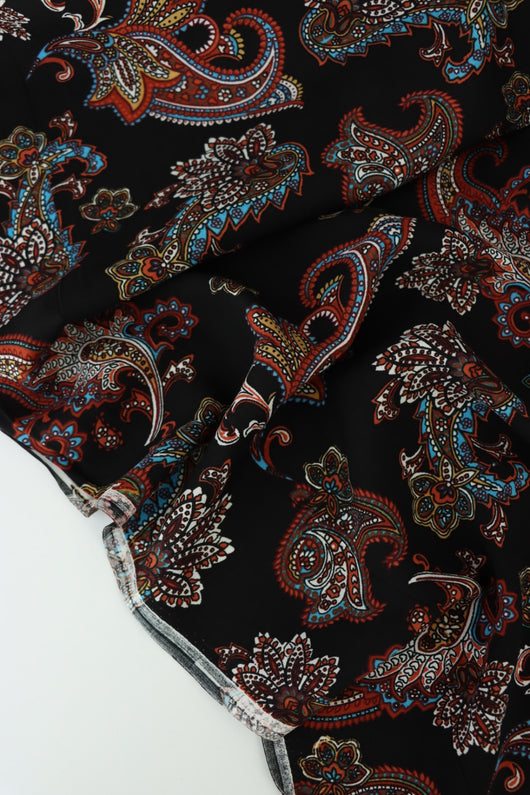 Burgundy & Blue Paisley on Black Rayon Challis