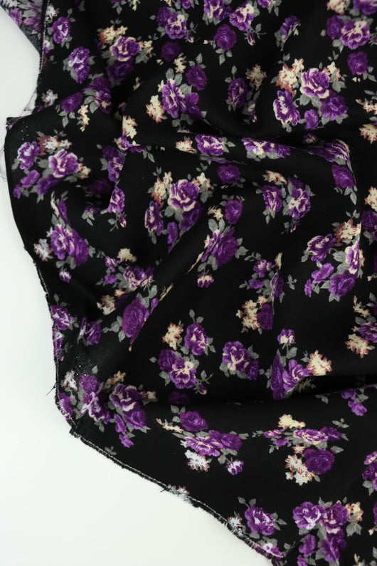 Purple Roses on Black Rayon Challis