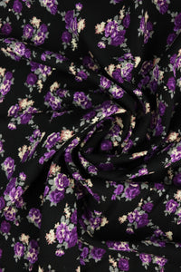 Purple Roses on Black Rayon Challis