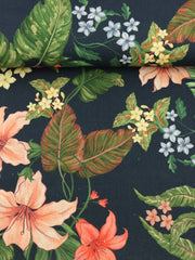 Load image into Gallery viewer, 1YD 21IN REMNANT; Lillies &amp; Plumerias on Navy Italian Linen Viscose