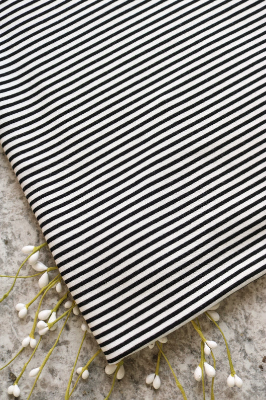 1YD 30IN REMNANT; Black & Ivory Mini Stripe Rayon Spandex Jersey