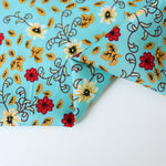 Load image into Gallery viewer, Leaves &amp; Mums on Aqua Rayon Challis
