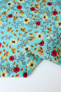 Leaves & Mums on Aqua Rayon Challis