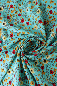 Leaves & Mums on Aqua Rayon Challis