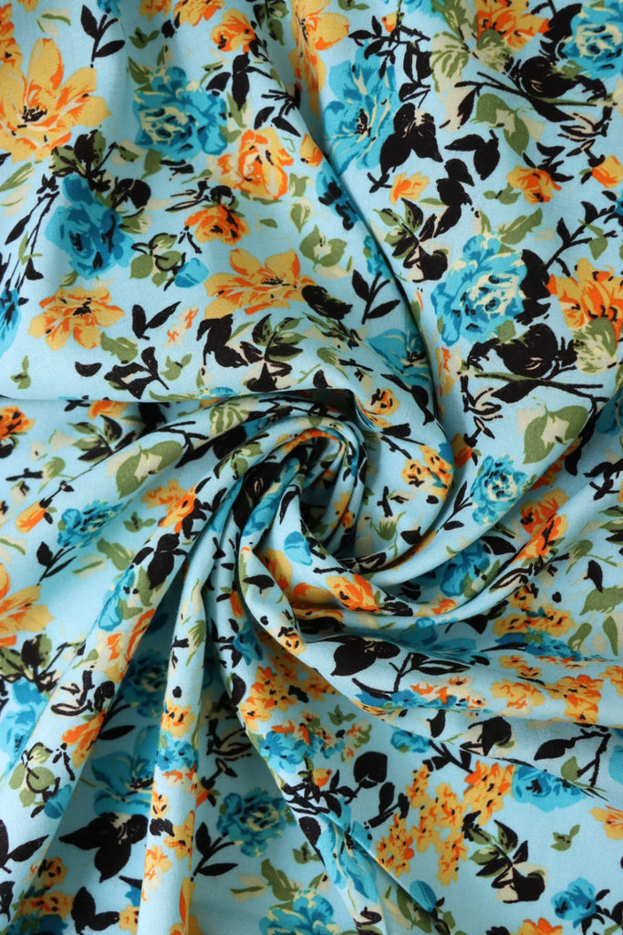 Shae Floral on Aqua Rayon Challis | Surge Fabric Shop