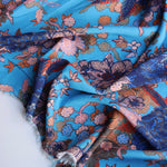 Load image into Gallery viewer, Orange &amp; Peach Floral on Blue Rayon Challis | Designer Deadstock
