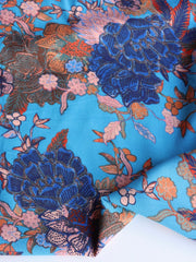 Load image into Gallery viewer, Orange &amp; Peach Floral on Blue Rayon Challis | Designer Deadstock
