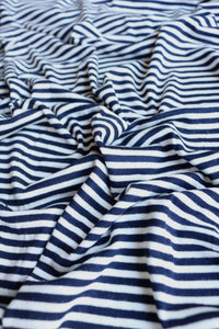 1YD PRECUT; Navy & Ivory Mini Stripe Rayon Spandex Jersey