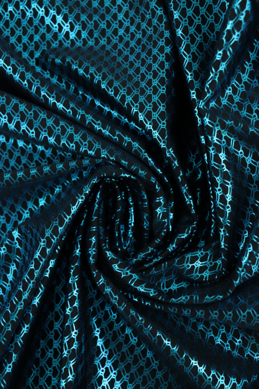 Blue Foil on Black Geometric Nylon Spandex | Designer Deadstock